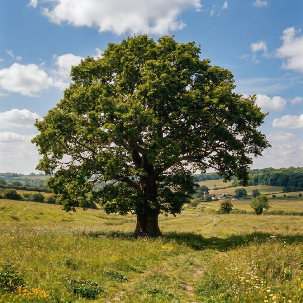 Solitary oak tree in open field Large solitary oak tree in green grassy field with distant hills