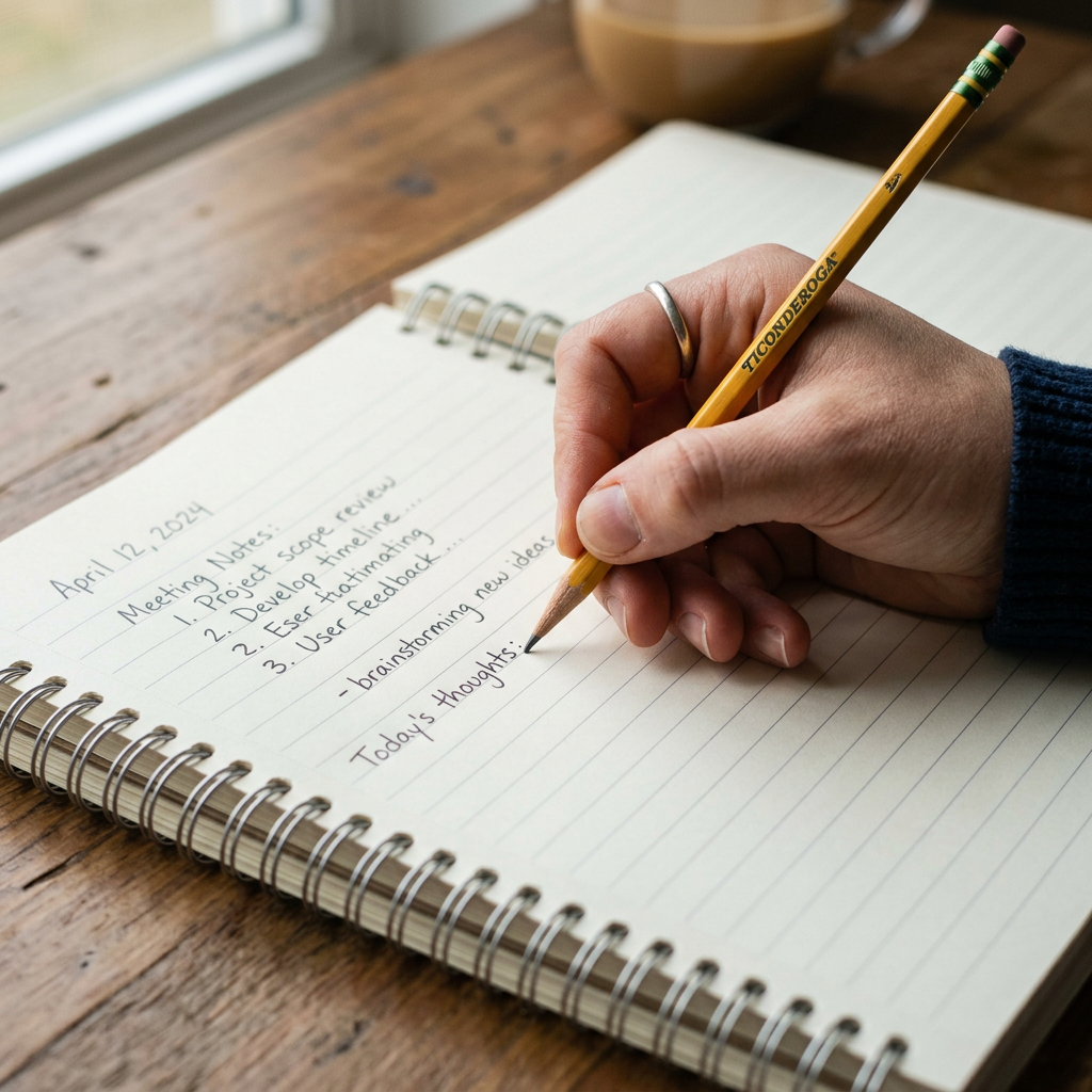 Hand holding a yellow Ticonderoga pencil writing notes on a lined spiral notebook
